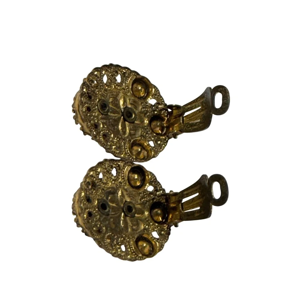 Vintage W Germany Clip On Earrings Brown‎ Jewel Faux Pearl Gold Tone Statement